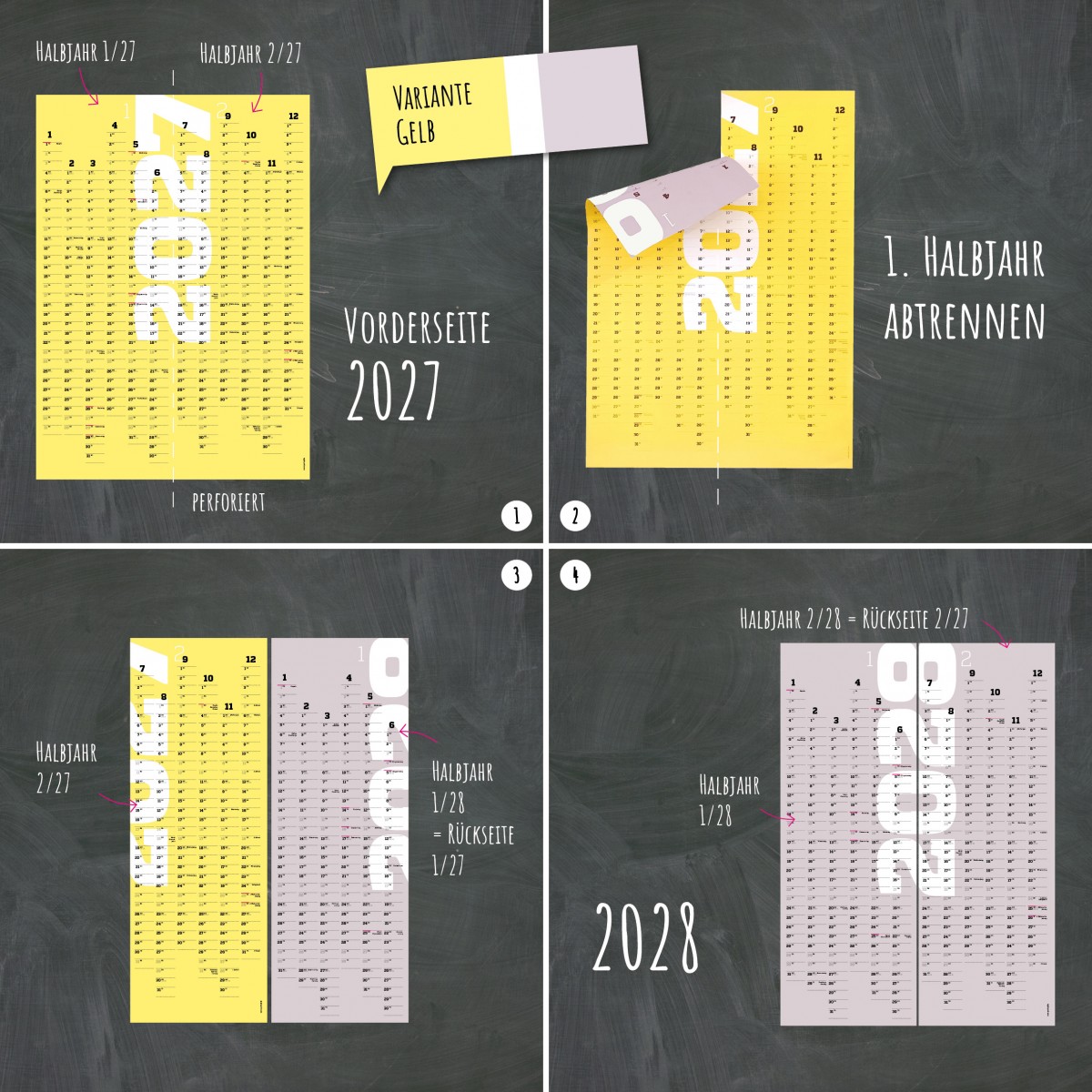 Wandkalender 2027 und 2028, 24 Monate verwendbar, A1-Jahresplaner, 2-Jahres-Kalender, Halbjahre abtrennbar, gelb // sperlingB.design