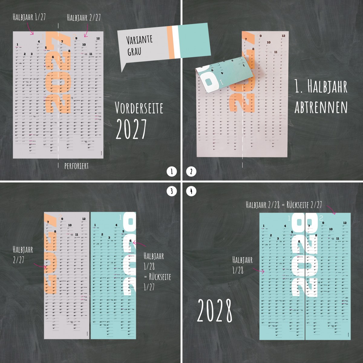 A1-Jahresplaner 2027 und 2028, 2-Jahres-Kalender, Halbjahre abtrennbar, Wandkalender 24 Monate verwendbar, grau // sperlingB.design