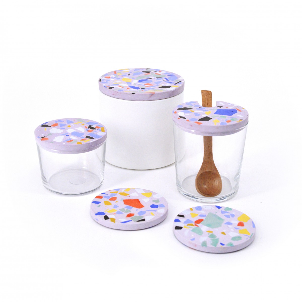 Terrazzo Zuckerdose mit Holzlöffel / BOLD Sand / objet vague