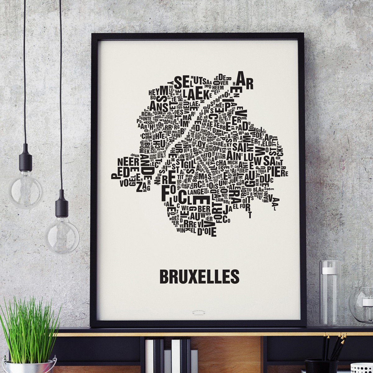 Buchstabenort Brüssel - Bruxelles Stadtteile-Poster Typografie Siebdruck