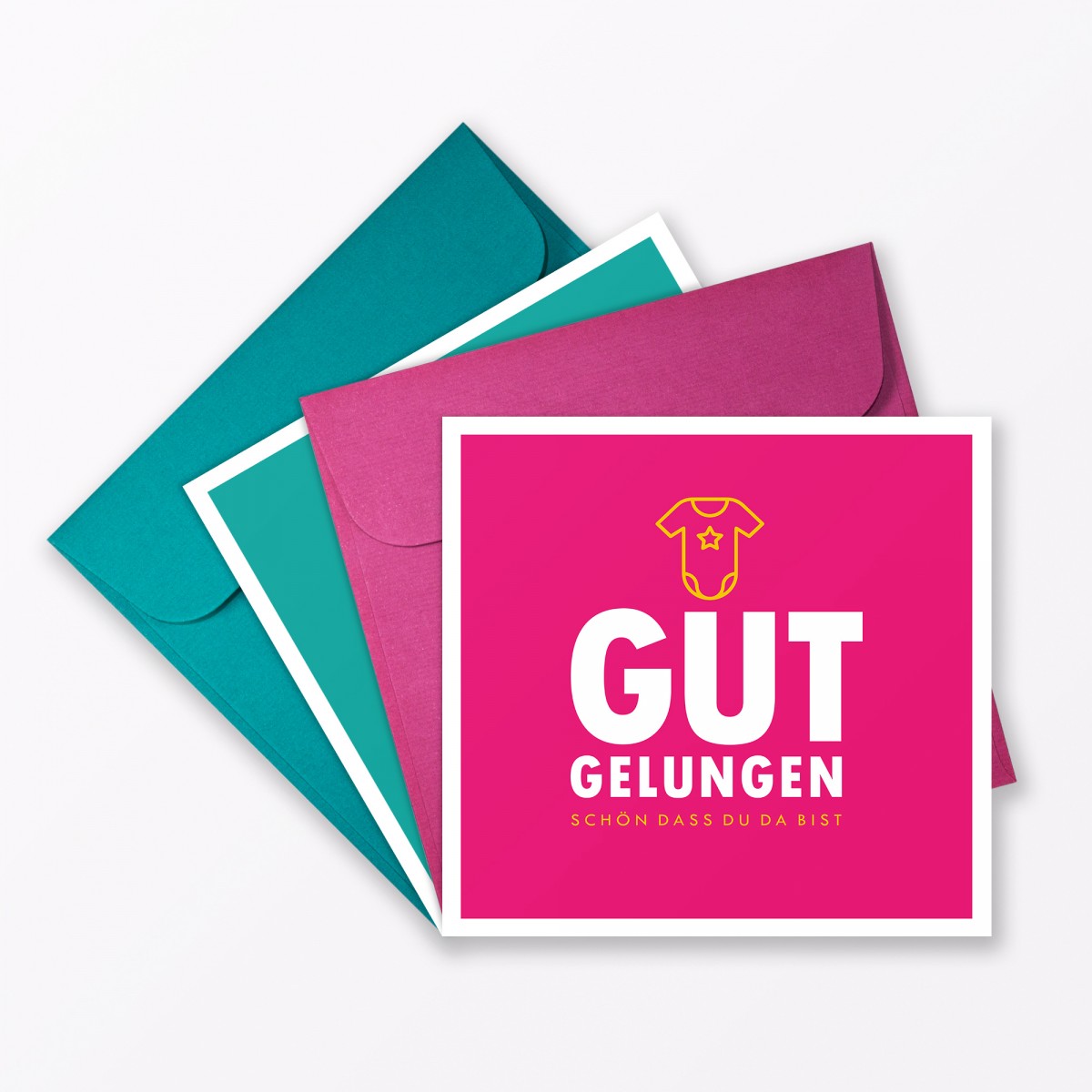 TYPOP 2-teiliges Set Babykarte "Gut gelungen" Türkis + Pink quadratisch inkl. Umschläge