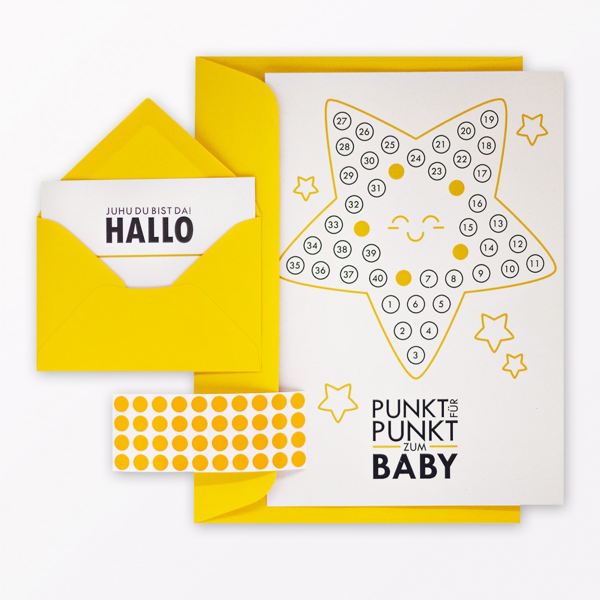 TYPOP 5-teiliges Set Babykalender "Hallo kleiner Stern" inkl. Umschlag, Minikarte + Umschlag und Klebepunkte
