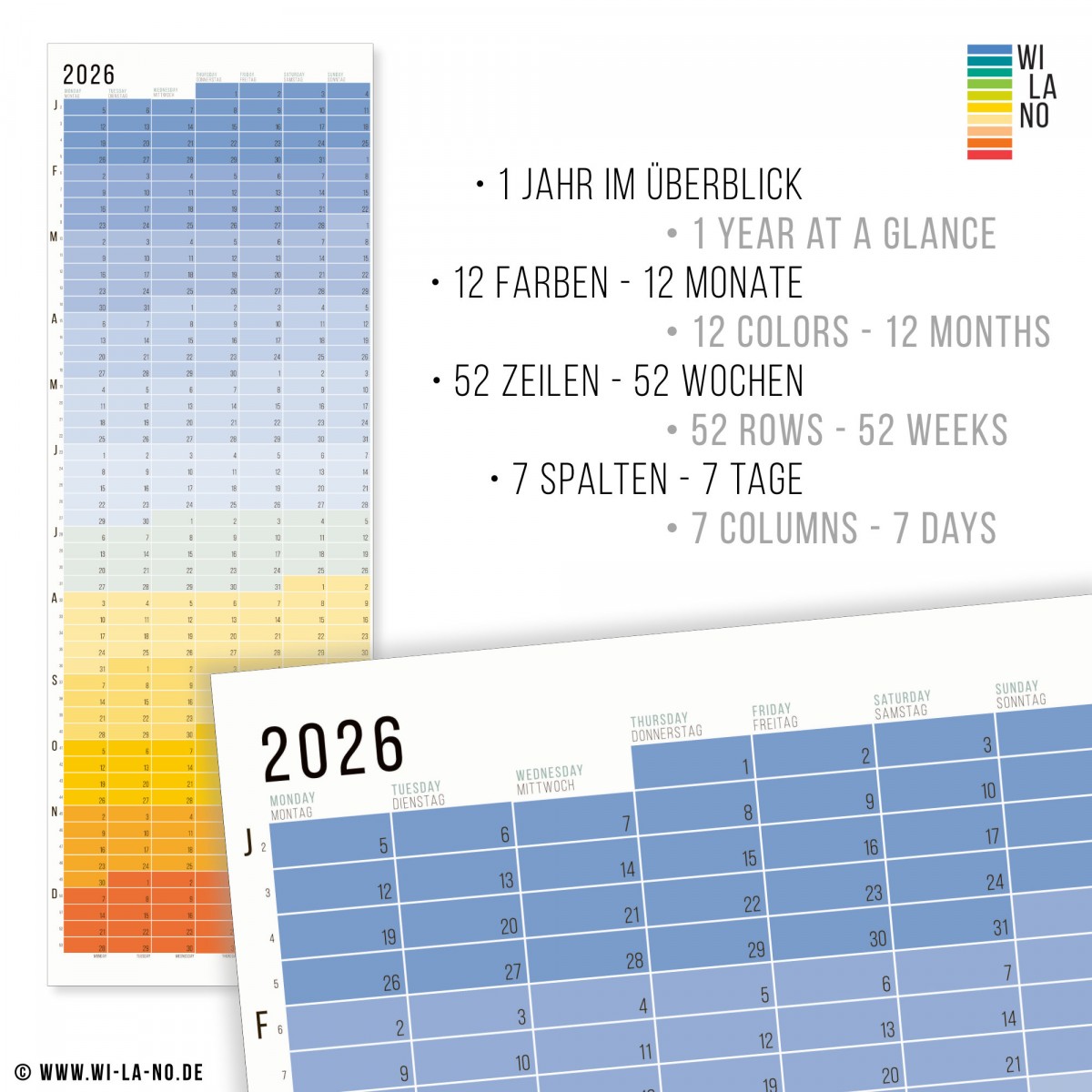 Wandkalender 2026 „Blue Hour“ Jahresplaner | Limited Edition | 100% Recyclingpapier | Deutsch-Englisch | Rückseite „Regenbogen“