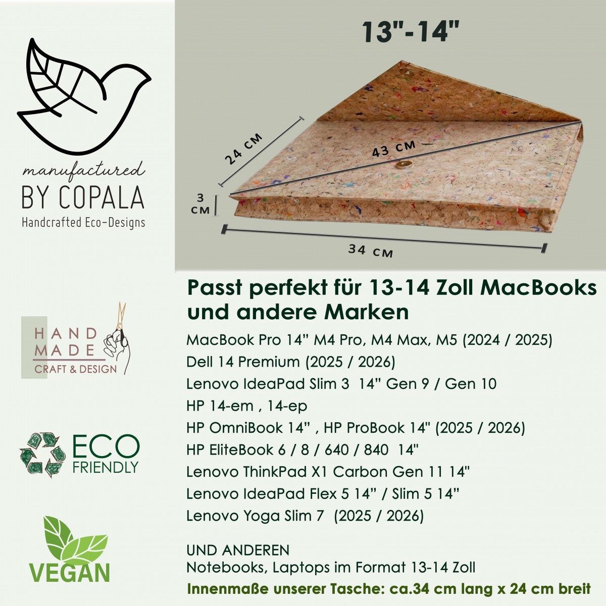 Kork Laptop Hülle mit farbigen Akzenten, MacBook Tasche, 13 - 14 Zoll Case BY COPALA