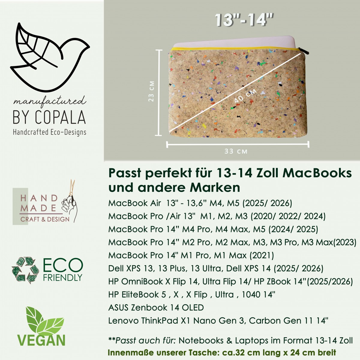 Laptop-Hülle 13 " - 14 " Zoll aus Kork mit Farb-Akzenten & gelbem Zipper, nachhaltige Laptop Tasche BY COPALA