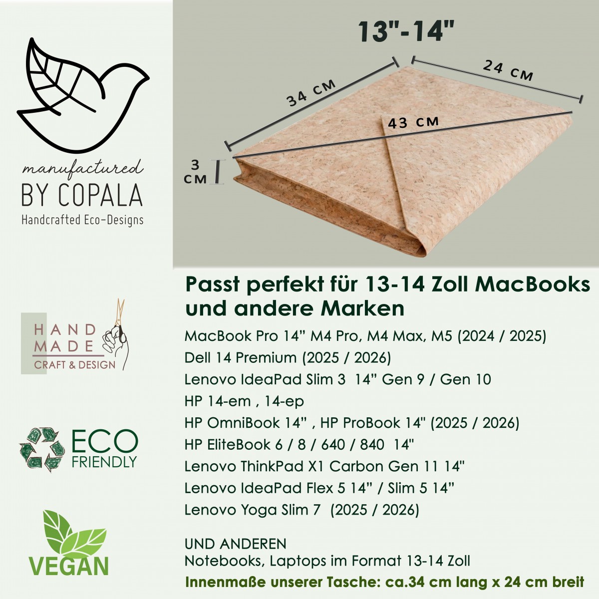 Kork Laptop Hülle, MacBook Tasche, Case für 13 - 14 Zoll BY COPALA