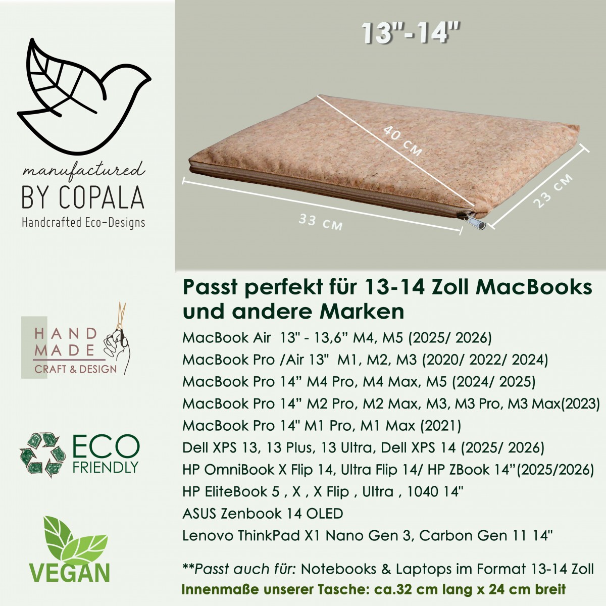 Laptop-Hülle 13 "- 14 " Zoll aus Kork, Klassisch - Natur, Vegan, nachhaltige Laptop Tasche BY COPALA