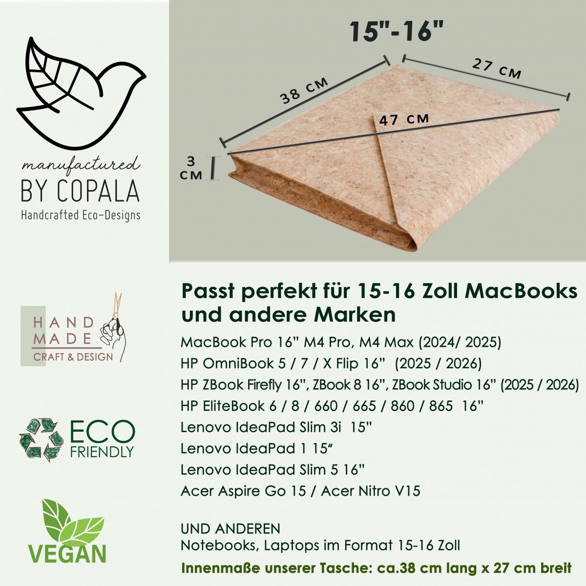 Gefütterte 15–16 Zoll Laptoptasche aus Kork | Nachhaltige vegane Laptop Hülle - Magnetverschluss, wasserabweisend für MacBook Air/Pro, Natur