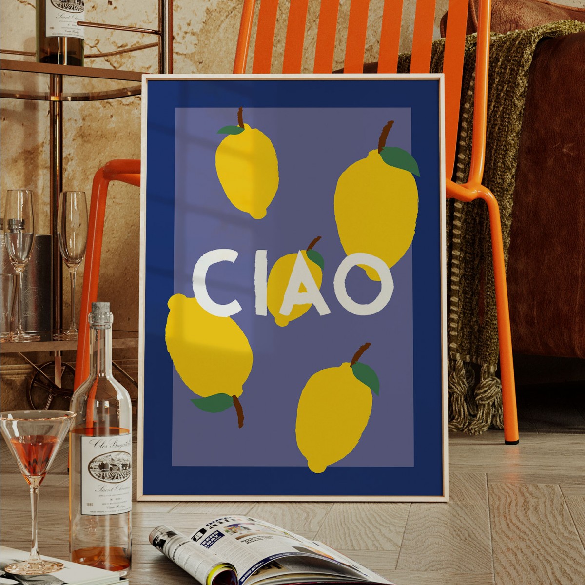 vonSUSI Fine Art Poster mit Zitrone "Ciao" in blau, Din A4-A1