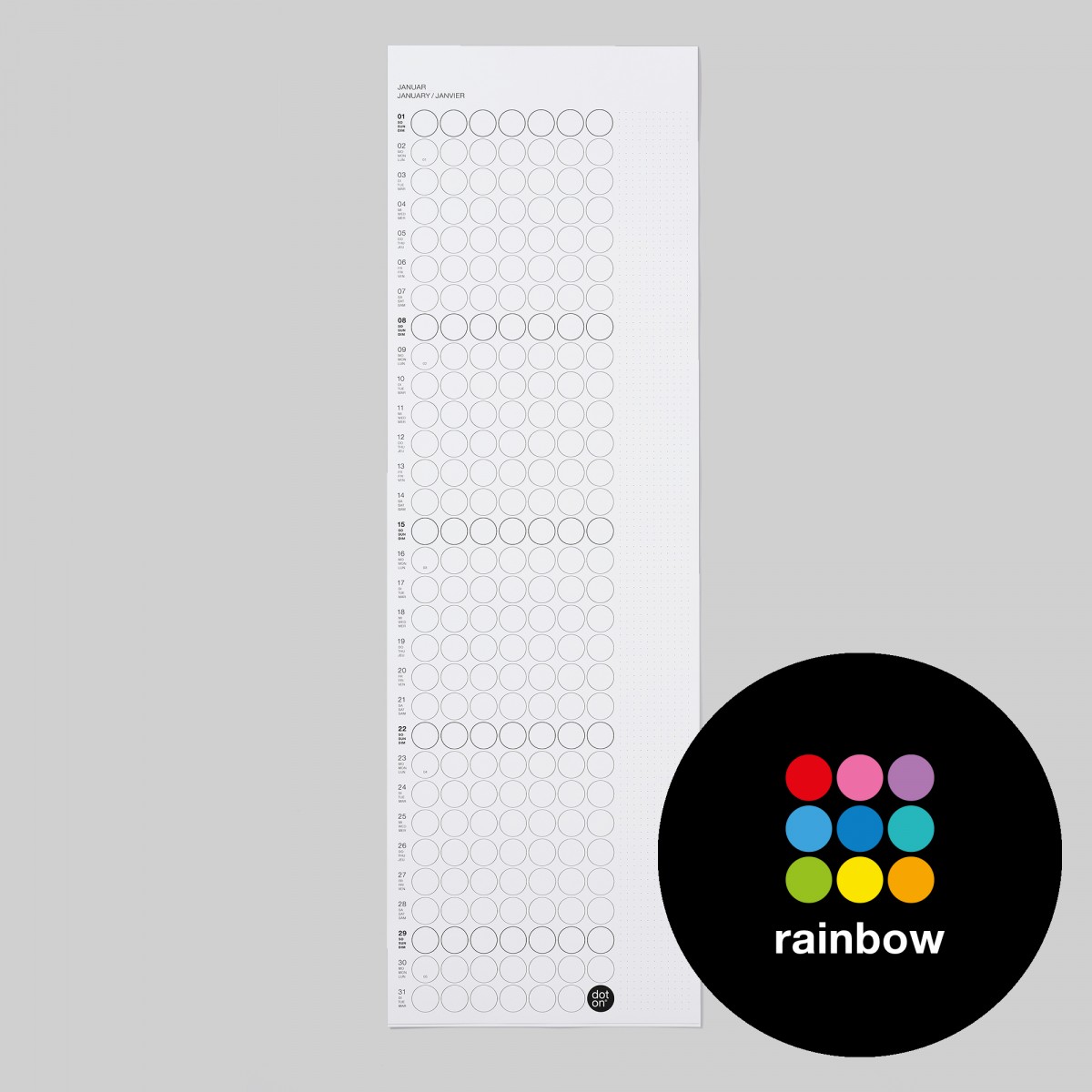dot on Monatsplaner 2026 mit Klebepunkten · 23x72 cm · rainbow edition