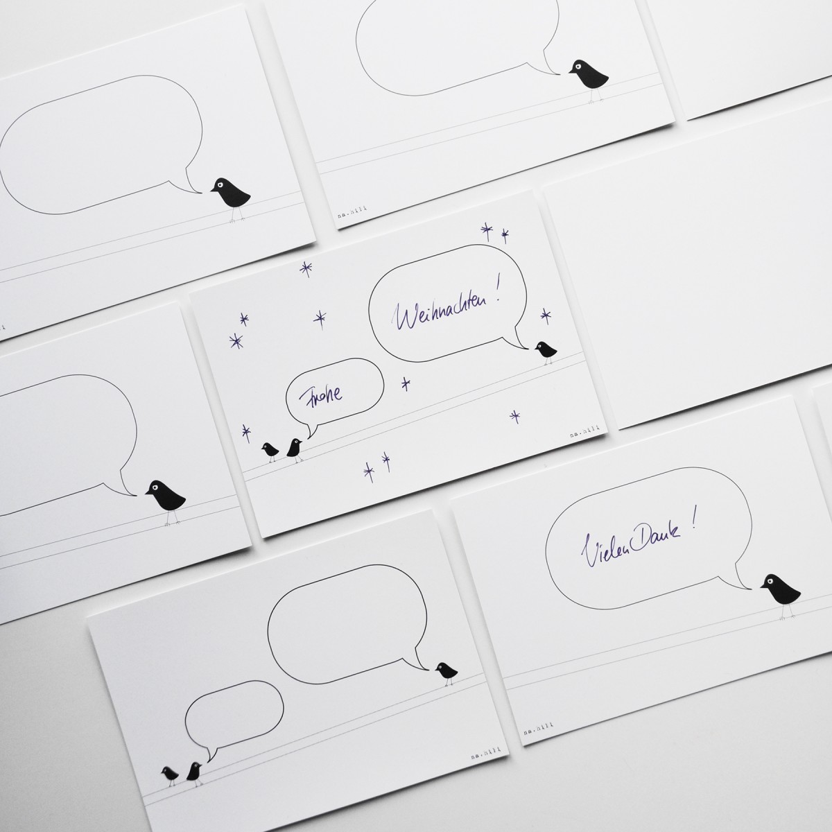 nahili 10er-Set POSTKARTEN "birds", Grußkarten mit Sprechblase für alle Anlässe Weihnachten, Geburtstag oder Schöne Grüße