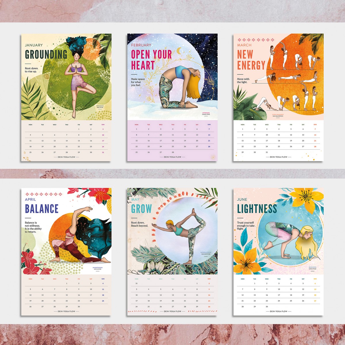 Yoga Wandkalender 2027 | Illustrierter Kalender | Feminine Designs für Achtsamkeit & Selbstliebe | Nachhaltige Geschenkidee | Asana | engl.