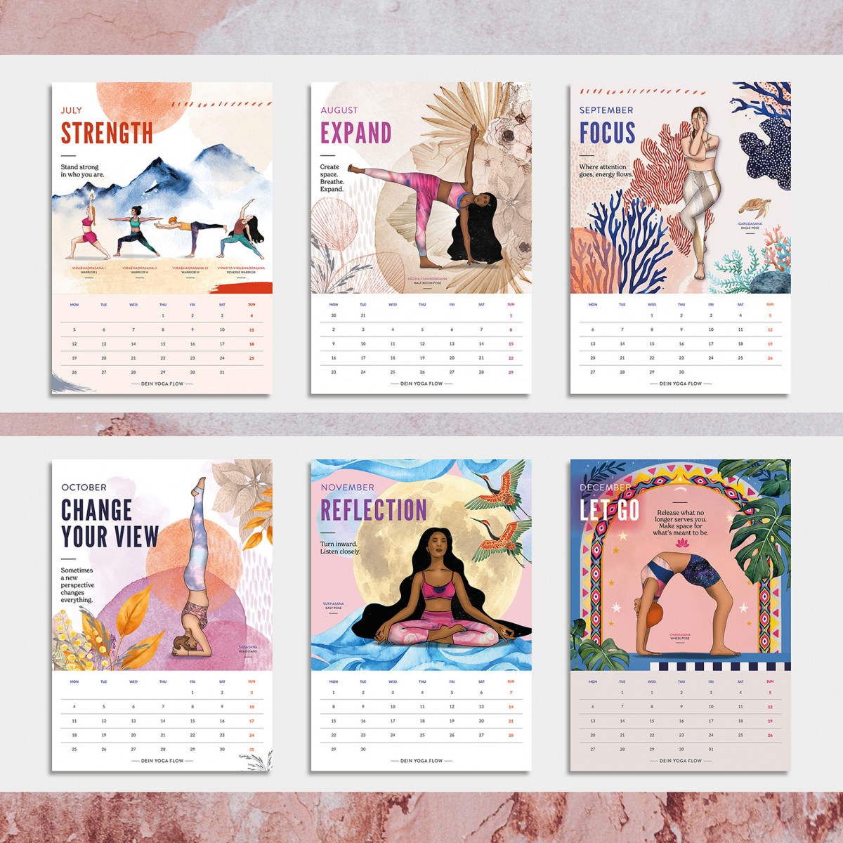 Yoga Wandkalender 2027 | Illustrierter Kalender | Feminine Designs für Achtsamkeit & Selbstliebe | Nachhaltige Geschenkidee | Asana | engl.