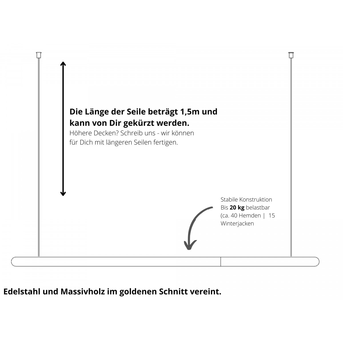 AURA Hängegarderobe 100 cm | Edelstahl & Massivholz | Goldener Schnitt | Kellermann Manufakturen 
