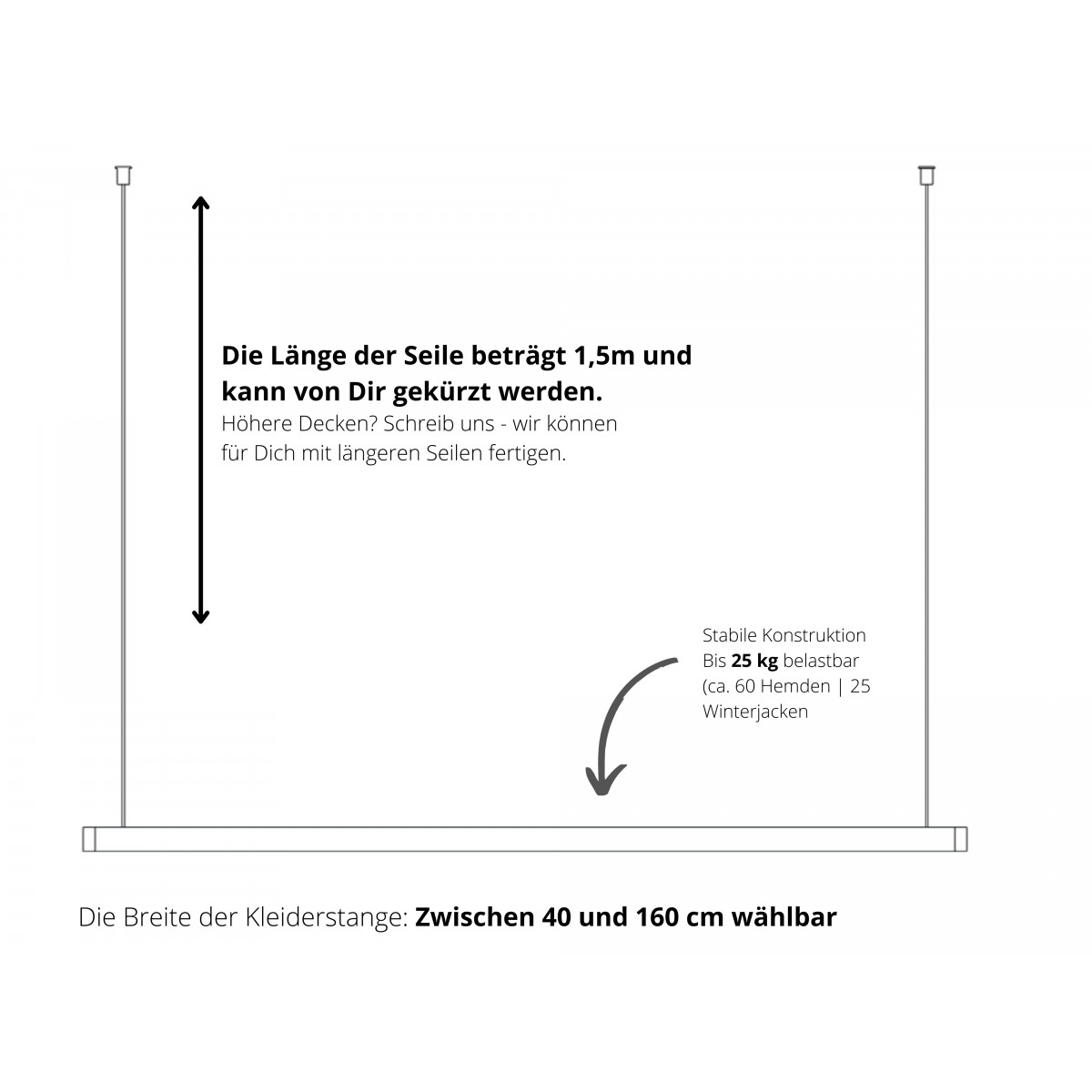 STEEL OAK Hängegarderobe Eiche & Edelstahl | schwebende Kleiderstange [40 - 160 cm] Deckenmontage | Kellermann Manufakturen