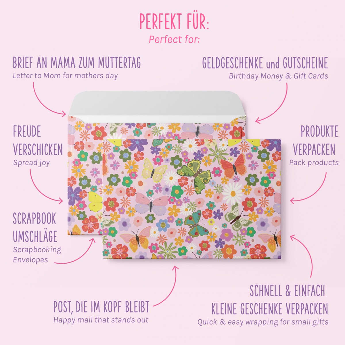 Bunte Briefumschläge mit Blumenwiese | Set aus 8 DIN C5 Kuverts - My Pretty Circus