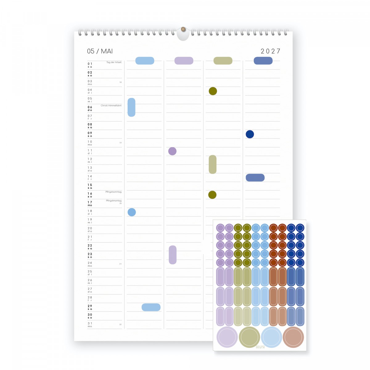 Familienkalender 2027, DIN A3 mit 5 Spalten, Kalender mit Aufklebern - SANS.