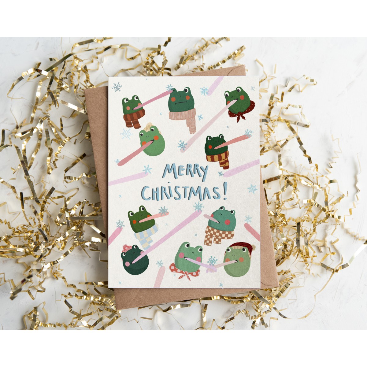 The Naughty District - Lustige Weihnachtskarte »Frösche die Schneeflocken fangen«
