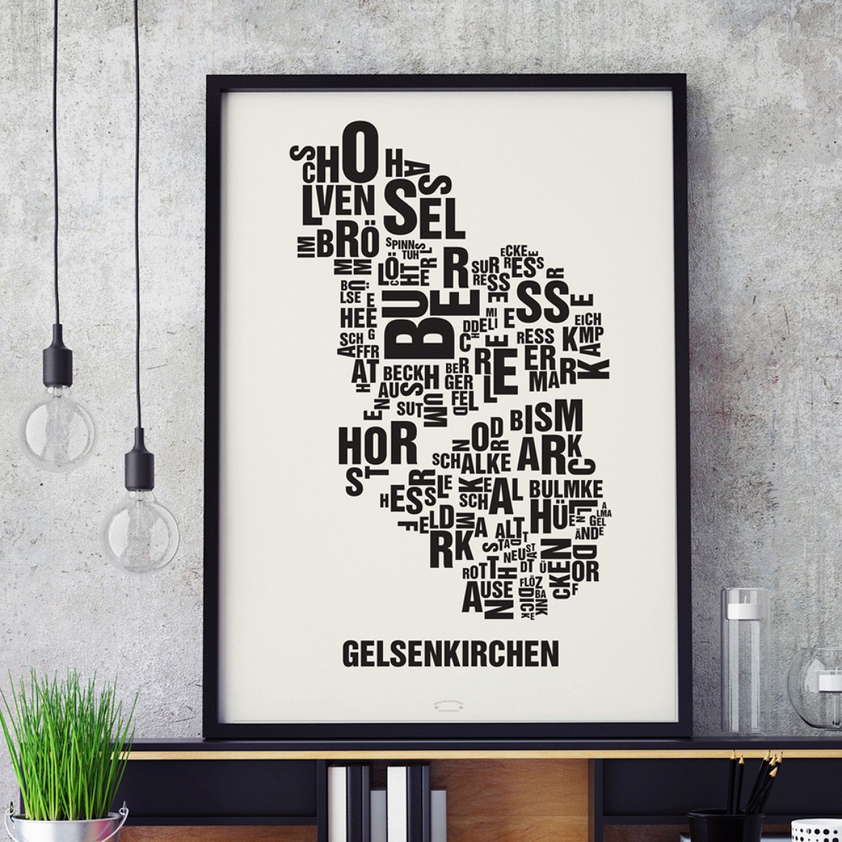 Buchstabenort Gelsenkirchen Stadtteile-Poster Typografie Siebdruck