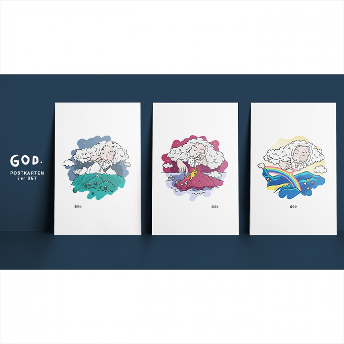 GOD · [3er Set] – Illustrierte Design-Postkarten im Set
