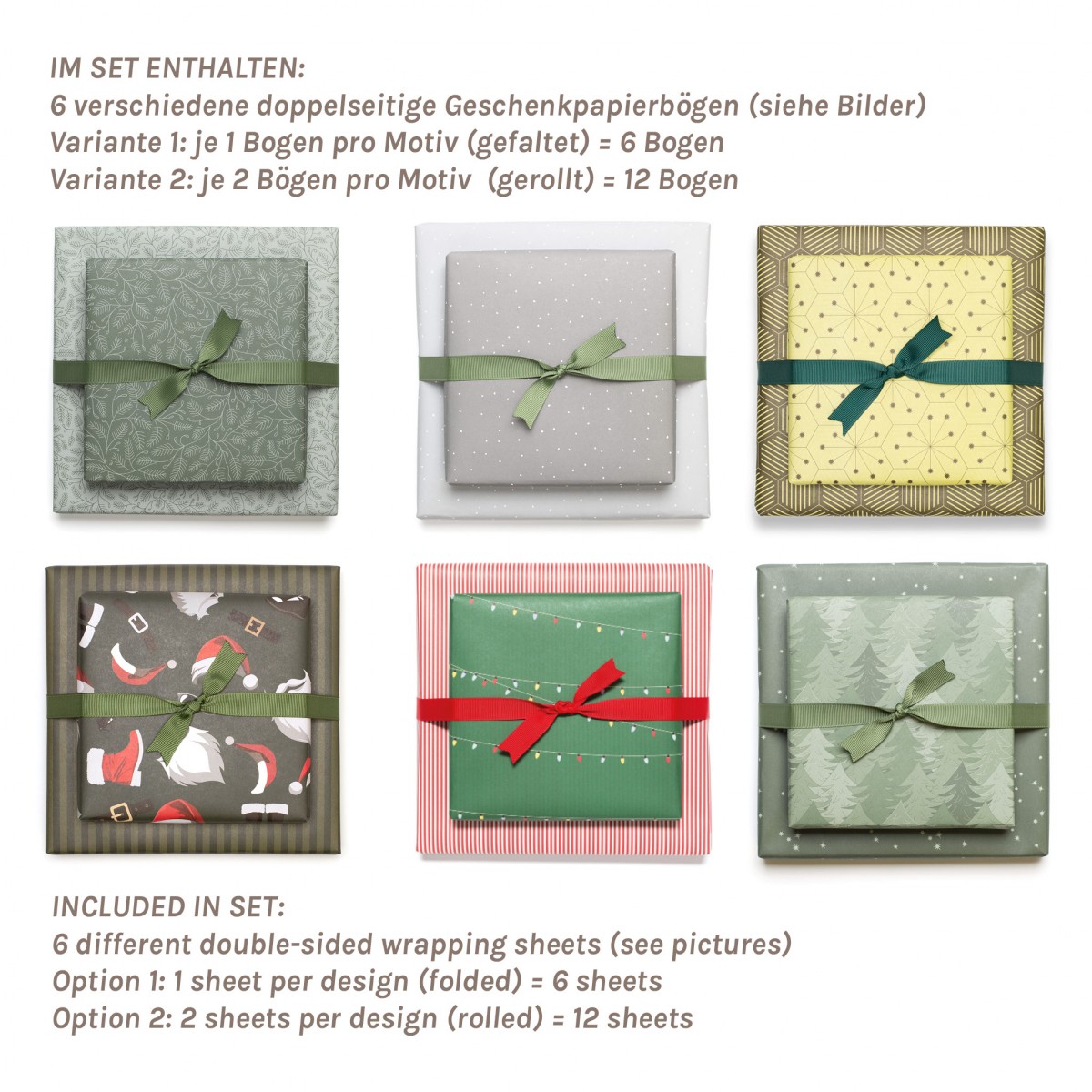 12 Bogen Weihnachtspapier mit verschiedenen Mustern (grün) von My Pretty Circus