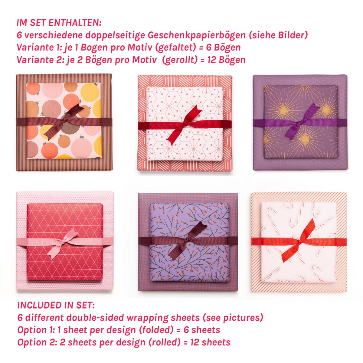 12 Bogen Weihnachtspapier mit verschiedenen Mustern (rot) von My Pretty Circus