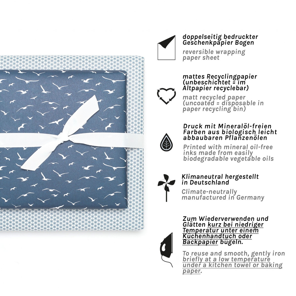 Blaues Geschenkpapier "Möwen" - 5 Bogen 