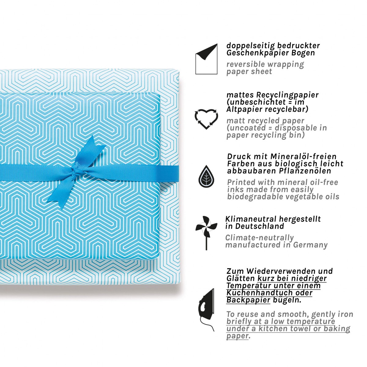 Geschenkpapier "Trinity" in Türkis mit geometrischem Muster - 5 Bogen