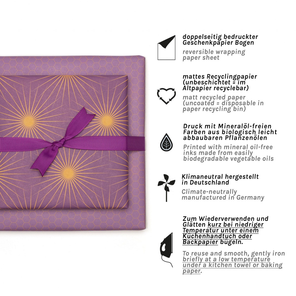 Lila Geschenkpapier "Sonnensterne" - 5 Bogen