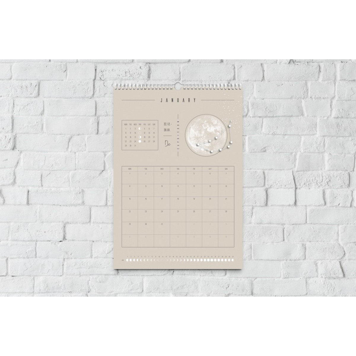 Mondkalender 2024 Beige // Wandaufhängung Mondphasen, Astrologie, Wandkalender, Terminkalender, Jahresplaner, Deko, Boho // ShellyCreates