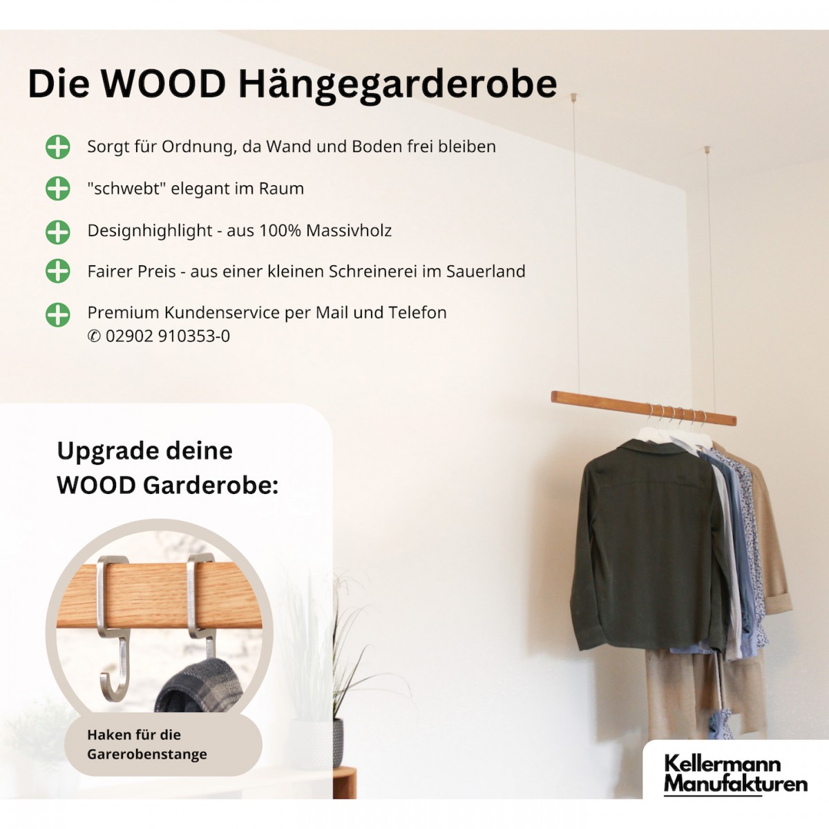 OAK Hängegarderobe Eiche | schwebende Kleiderstange [40 - 160 cm] Deckenmontage | Kellermann Manufakturen