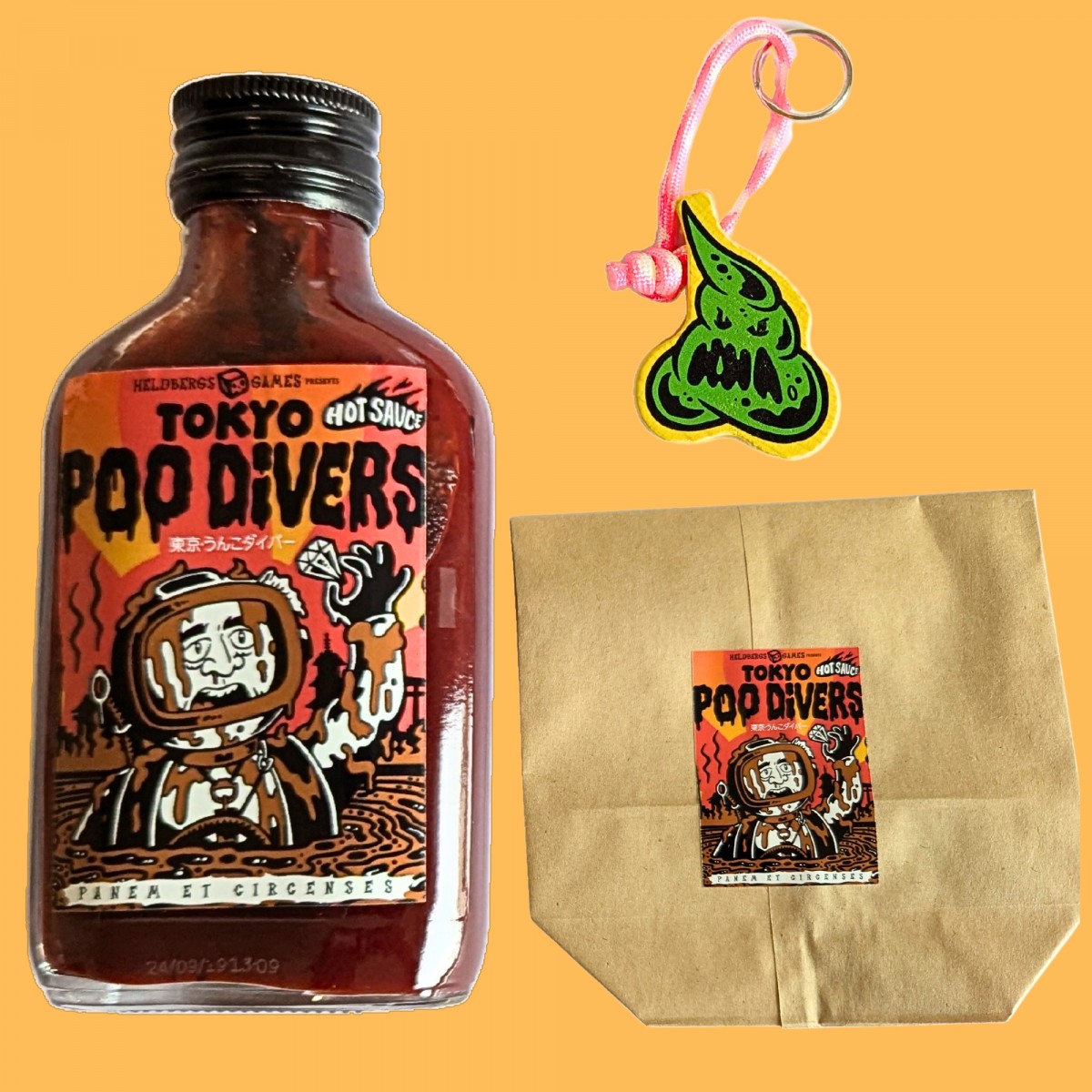 Hot Sauce Tokyo Poo Divers  – Carolina Reaper Chili-Sauce in Geschenkset mit Anhänger - Heldbergs Games
