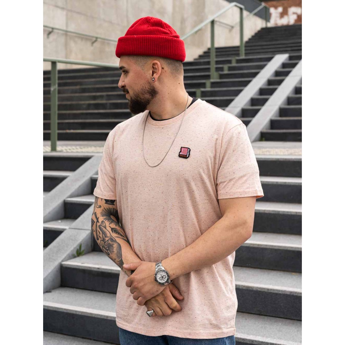 Stadtliebe® | Nordsee T-Shirt mit gesticktem „Strandkorb“ Rosa Heather 100% Bio-Baumwolle
