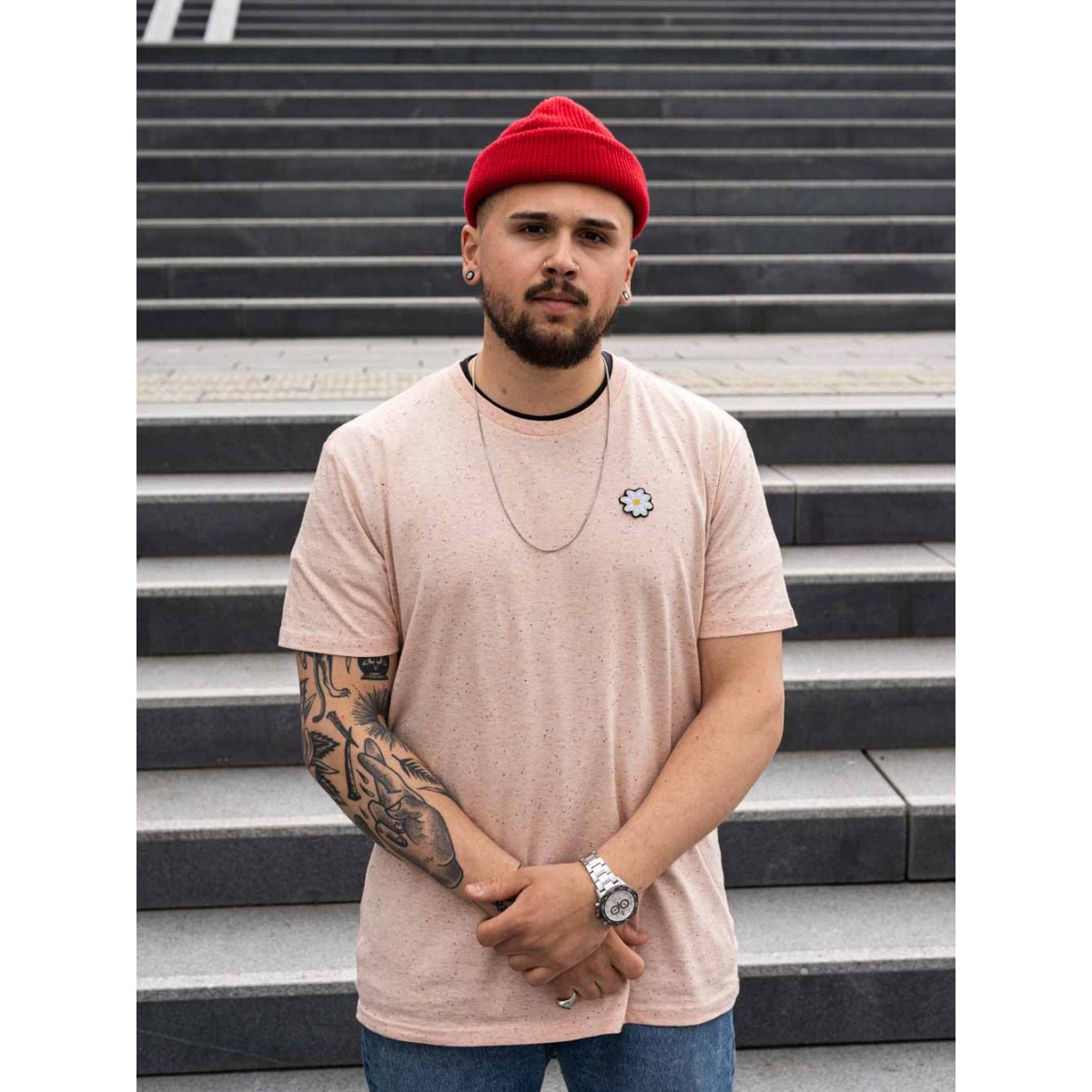 Stadtliebe® | München T-Shirt mit gesticktem „Edelweiß“ Rosa Heather 100% Bio-Baumwolle
