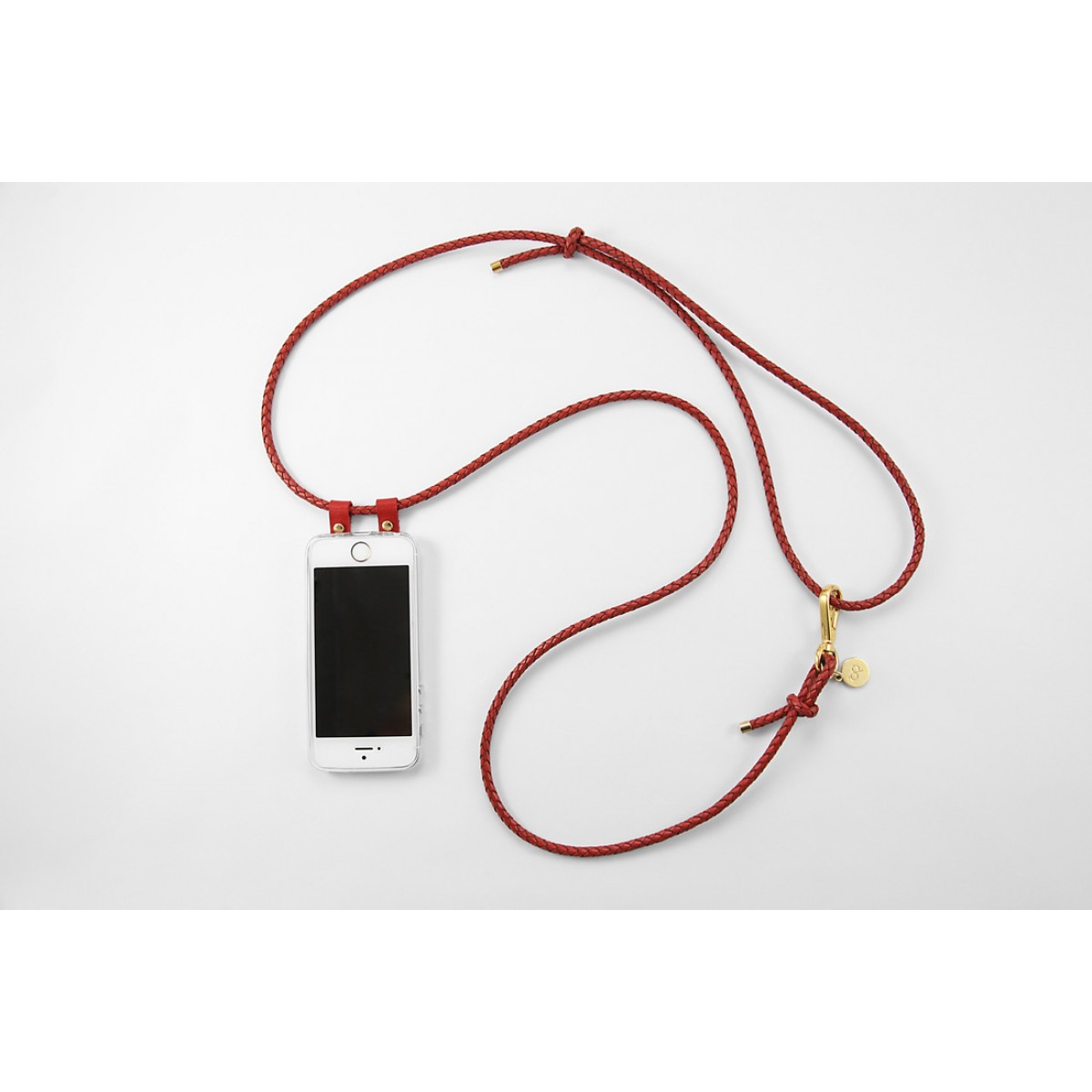 iPhone Hülle zum umhängen mit geflochtener Lederkordel, rot/gold
