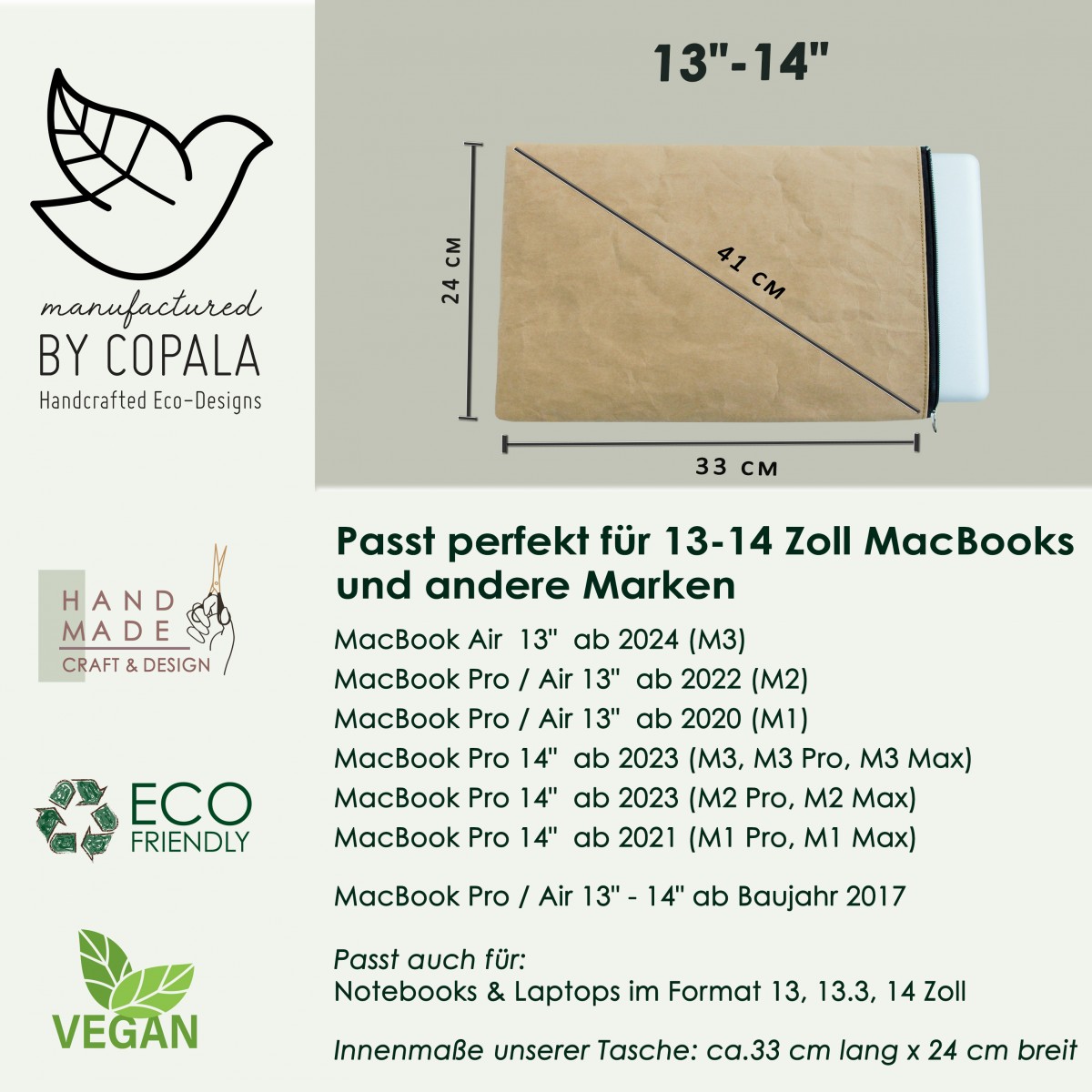  Laptop-Hülle, gepolsterte MacBook Tasche 13 " - 14 " Zoll aus Kraft Papier BY COPALA