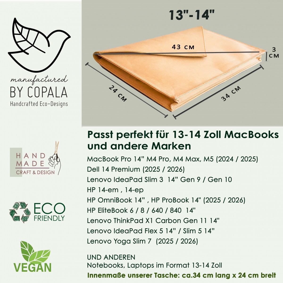 Laptop Hülle 13 " - 14 " Zoll aus Kraft Papier mit Magnetverschluss BY COPALA