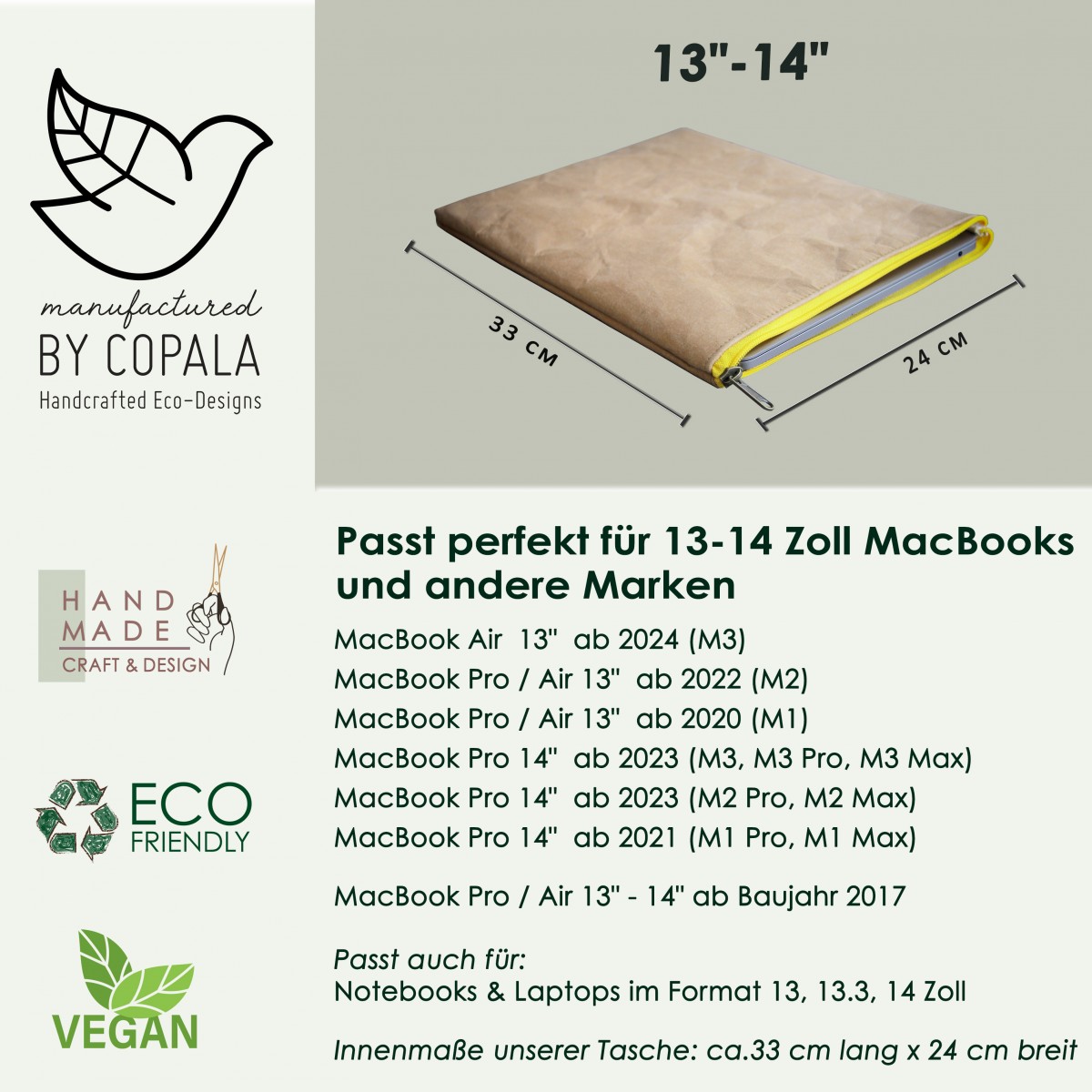 Laptop-Hülle 13 " - 14 " Zoll aus Kraft Papier mit gelbem Zipper BY COPALA
