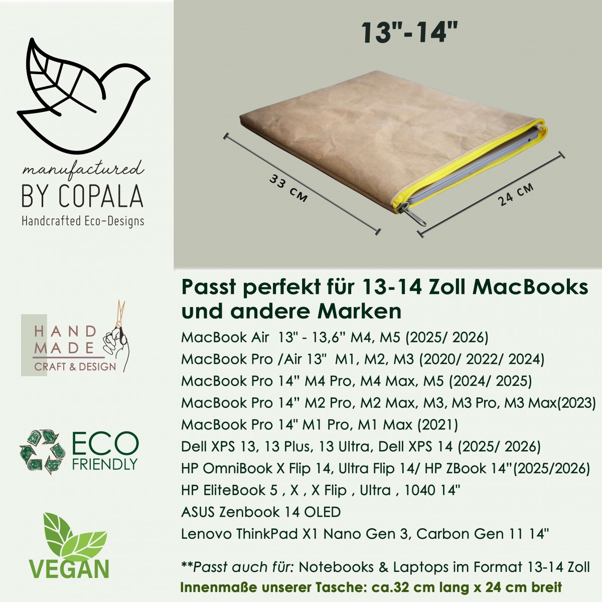 Laptop-Hülle 13 " - 14 " Zoll aus Kraft Papier mit gelbem Zipper BY COPALA