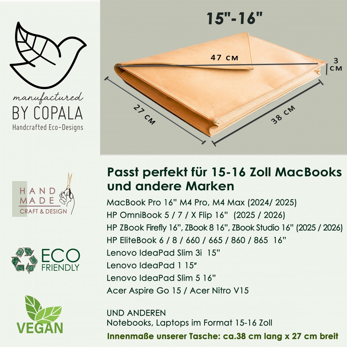 Laptop Hülle 15 " - 16 " Zoll aus Kraft Papier mit Magnetverschluss BY COPALA