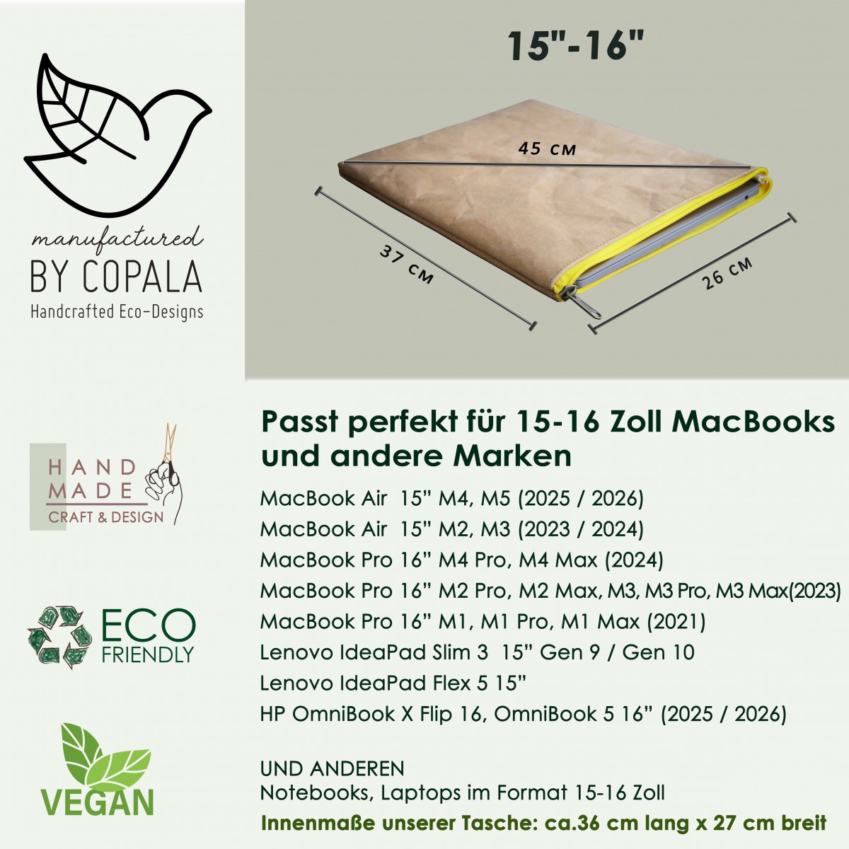 Nachhaltige Kraftpapier-Laptoptasche 15–16 Zoll | Waschbare vegane Hülle mit Zipper– Gefüttertes Laptop Sleeve für MacBook Pro/Air,Lenovo,HP