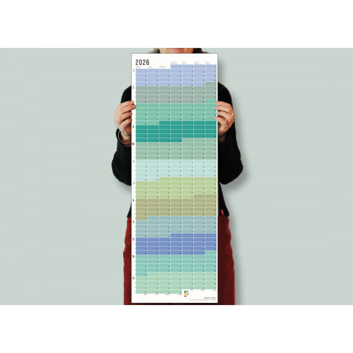 Wandkalender 2026 „Pastell-Türkis“ Jahresplaner | Limited Edition | 100% Recyclingpapier | Deutsch-Englisch | Rückseite „Pink“