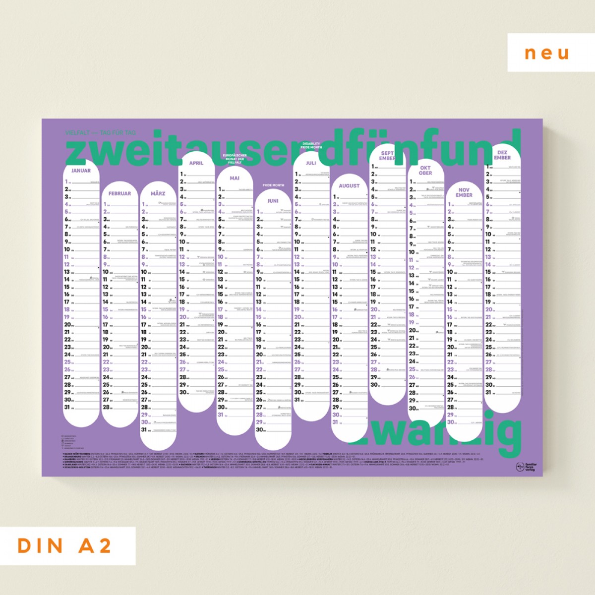 Familiar Faces »Wandkalender A2 Lilas 2025«: Vielfalt – Tag für Tag (Jahres-Planer/ Jahres-Kalender)