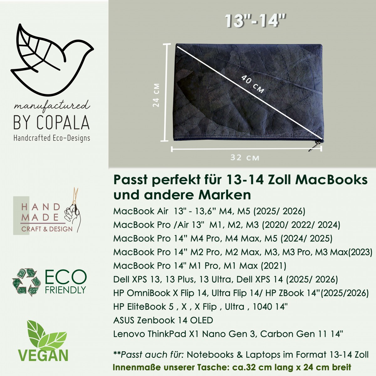 Gefütterte nachhaltige Laptop Hülle 13–14" aus Blattleder – Vegane, handgenähte & wasserabweisende Laptoptasche MacBook Air/Pro - grau/braun