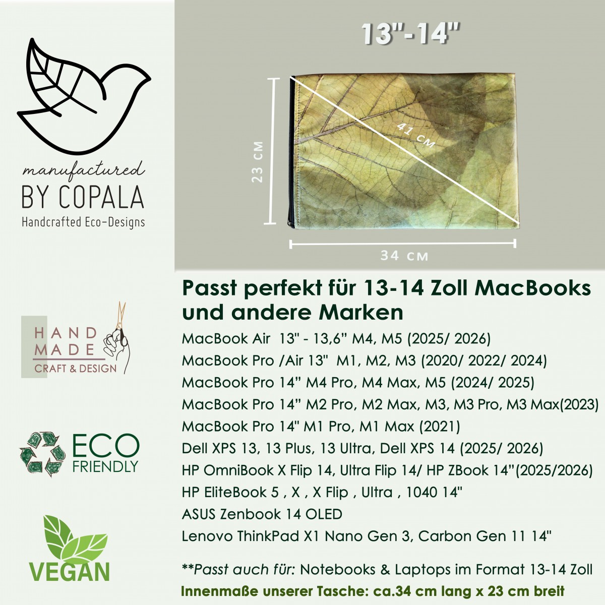 Nachhaltige vegane 13–14 Zoll Laptoptasche aus Blättern, MacBook Hülle – Vegan Leder mit Zipper in grün