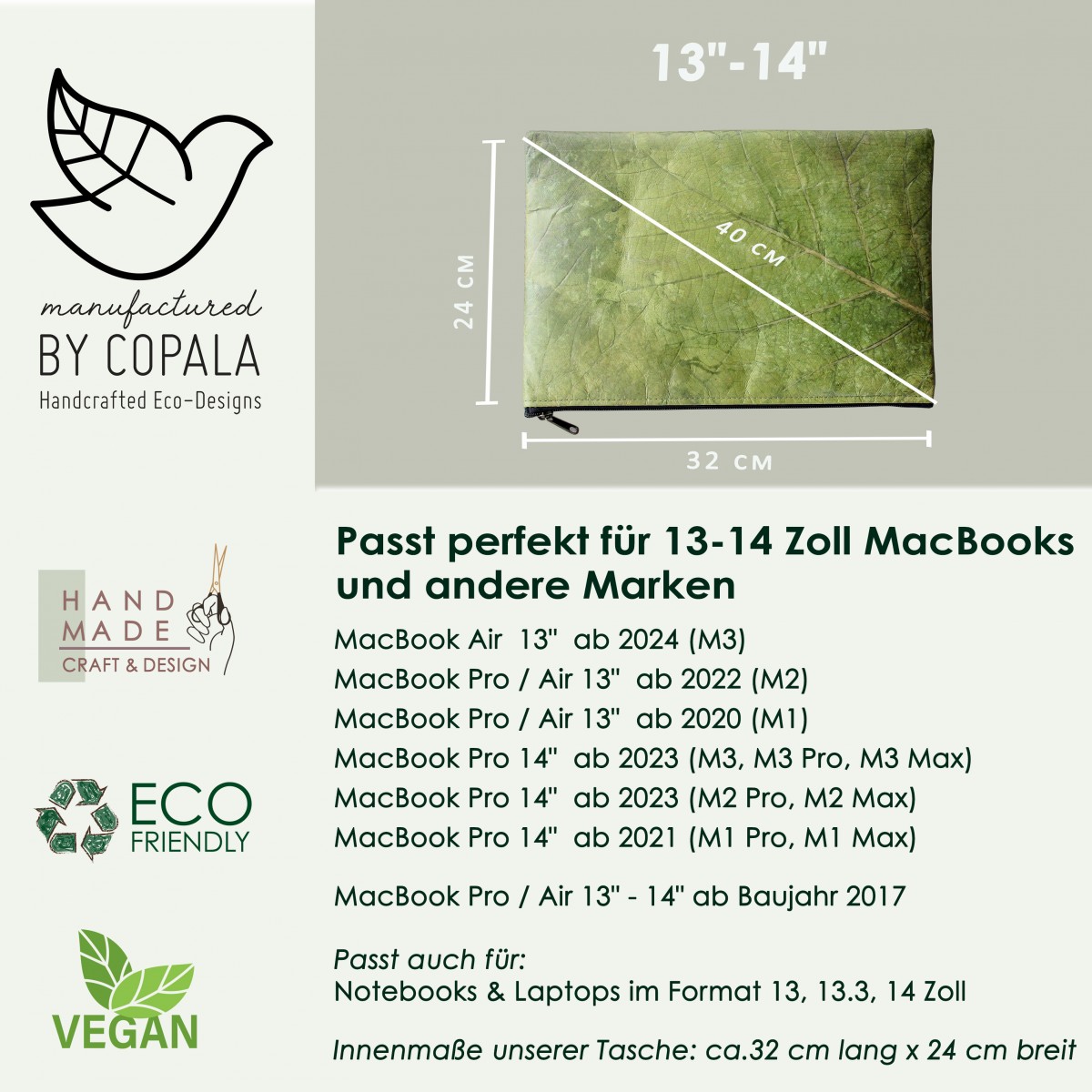 Laptop-Hülle 13" - 14" Zoll aus laminierten Blättern in grün BY COPALA