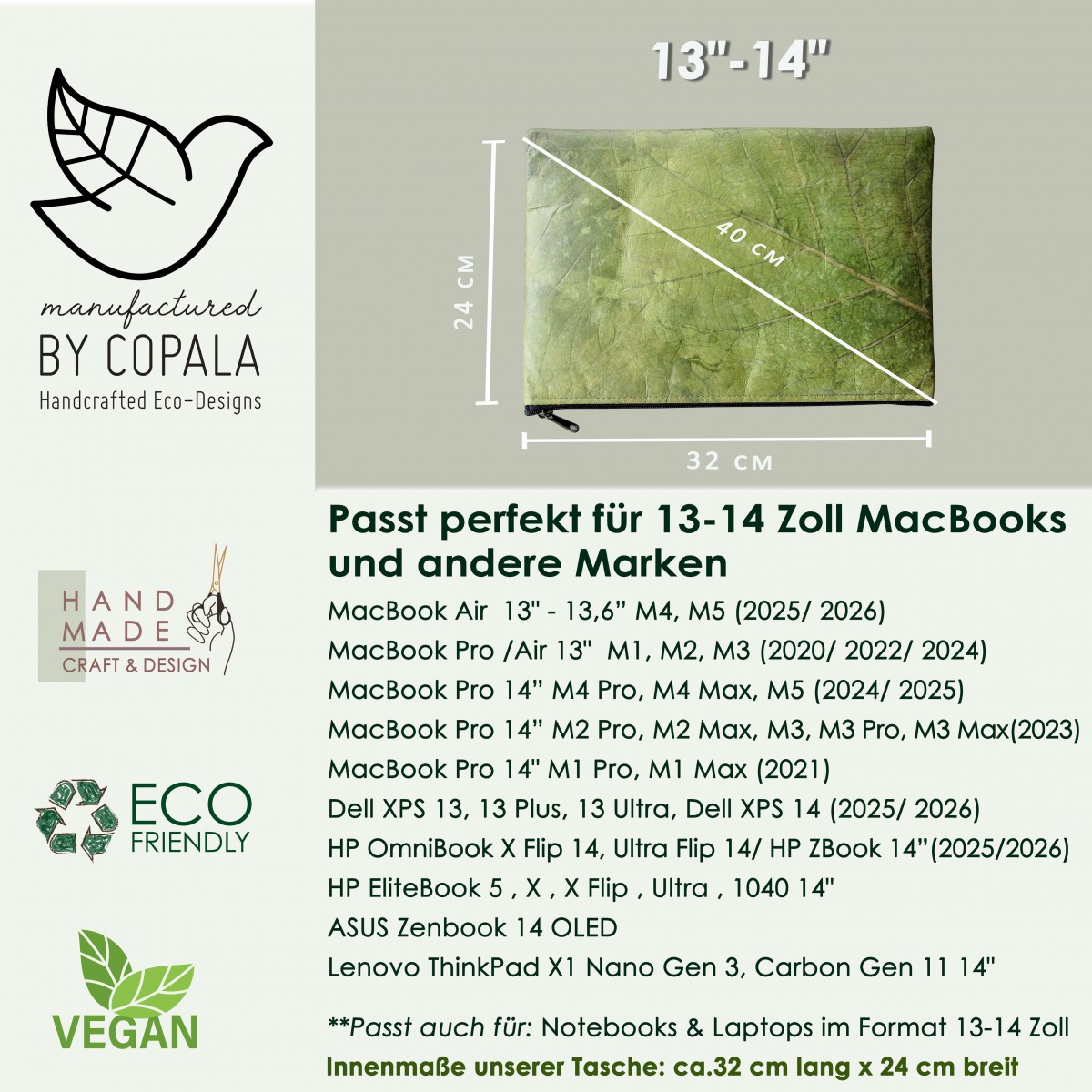 Laptop-Hülle 13" - 14" Zoll aus laminierten Blättern in grün BY COPALA