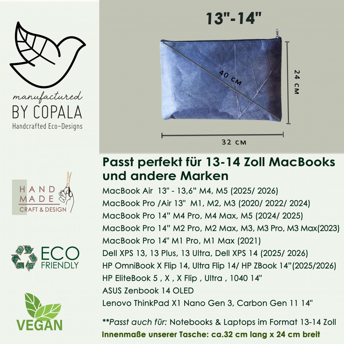 Gefütterte nachhaltige Laptop Hülle 13–14" aus Blattleder – Vegane, handgenähte & wasserabweisende Laptoptasche für MacBook Air / Pro - blau