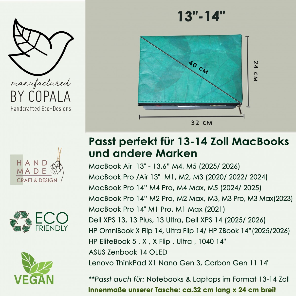 Gefütterte nachhaltige Laptop Hülle 13–14" aus Blattleder – Vegane, handgenähte & wasserabweisende Laptoptasche für MacBook Air/Pro - türkis