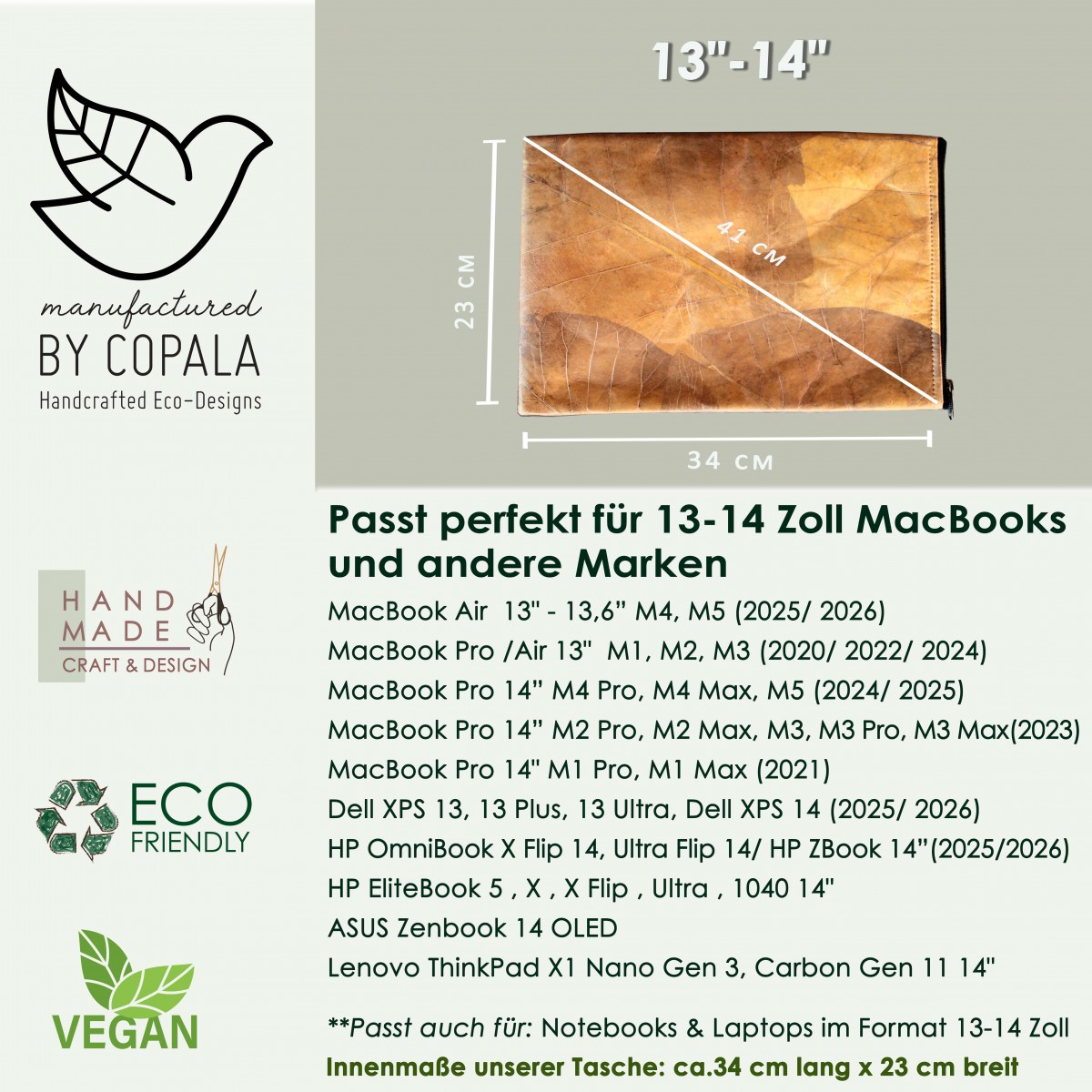 Nachhaltige vegane 13–14 Zoll Laptoptasche aus Blättern, MacBook Hülle – Vegan Leder mit Zipper in gelb